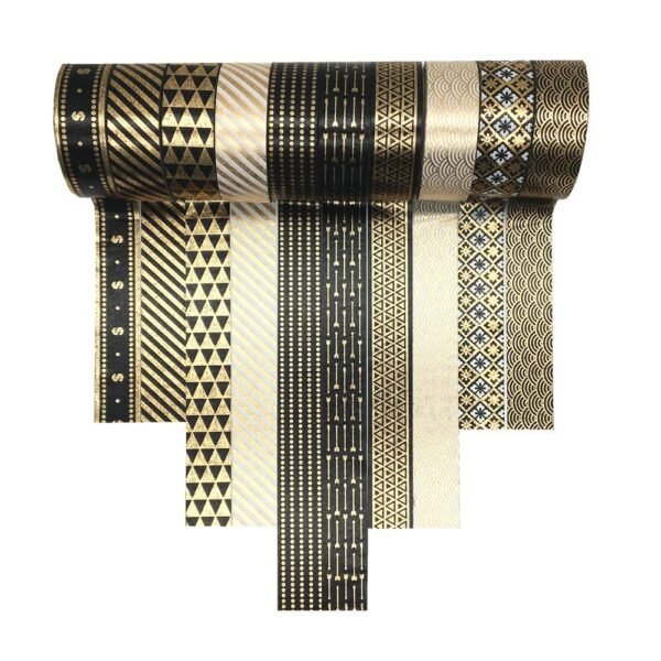 Gold Washi Tape Set 15MM Foil Skinny Masking Tape Decorative Pack for DIY Scrapbooking, Crafts, Gift Wrapping, Holiday Decoration (Black Basic Pattern 10 Rolls)
